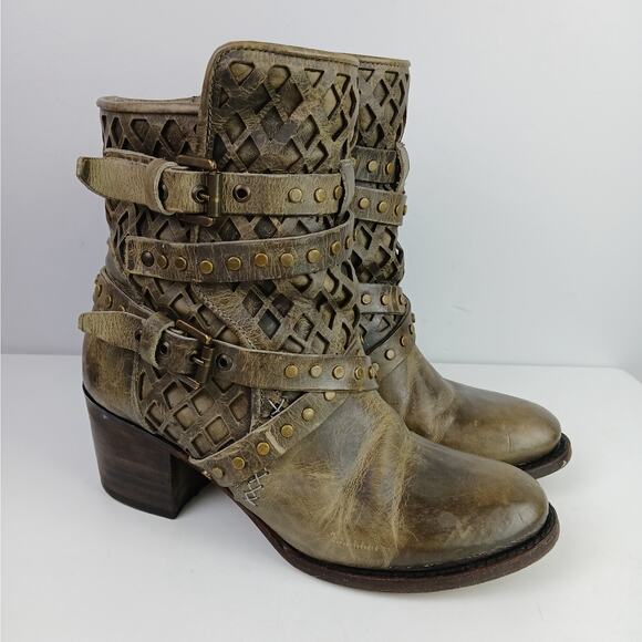 Freebird SZ 9 Cato Leather Buckle Mid-Calf Boots in Stone Distressed - Picture 2 of 11